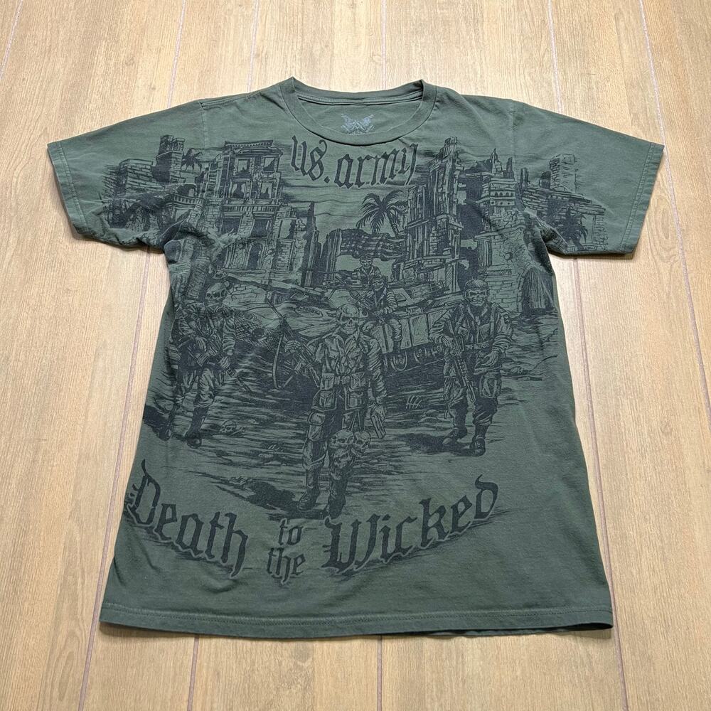 Apprime US Army Shirt Mens Medium Death To The Wicked Troops Green Skulls Ghosts